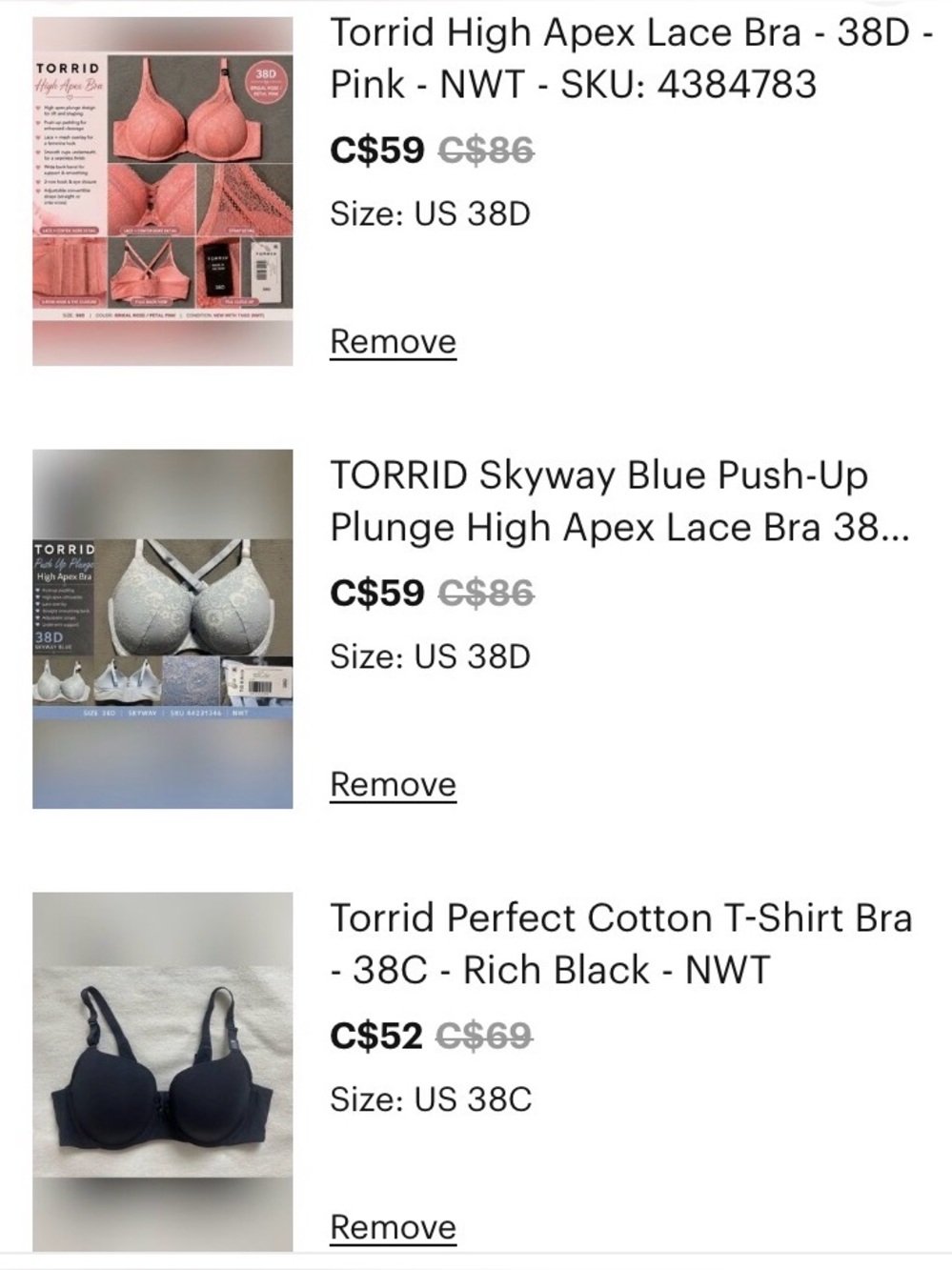 Bundle of Three Torrid Pink/Blue/Black 38D Bras